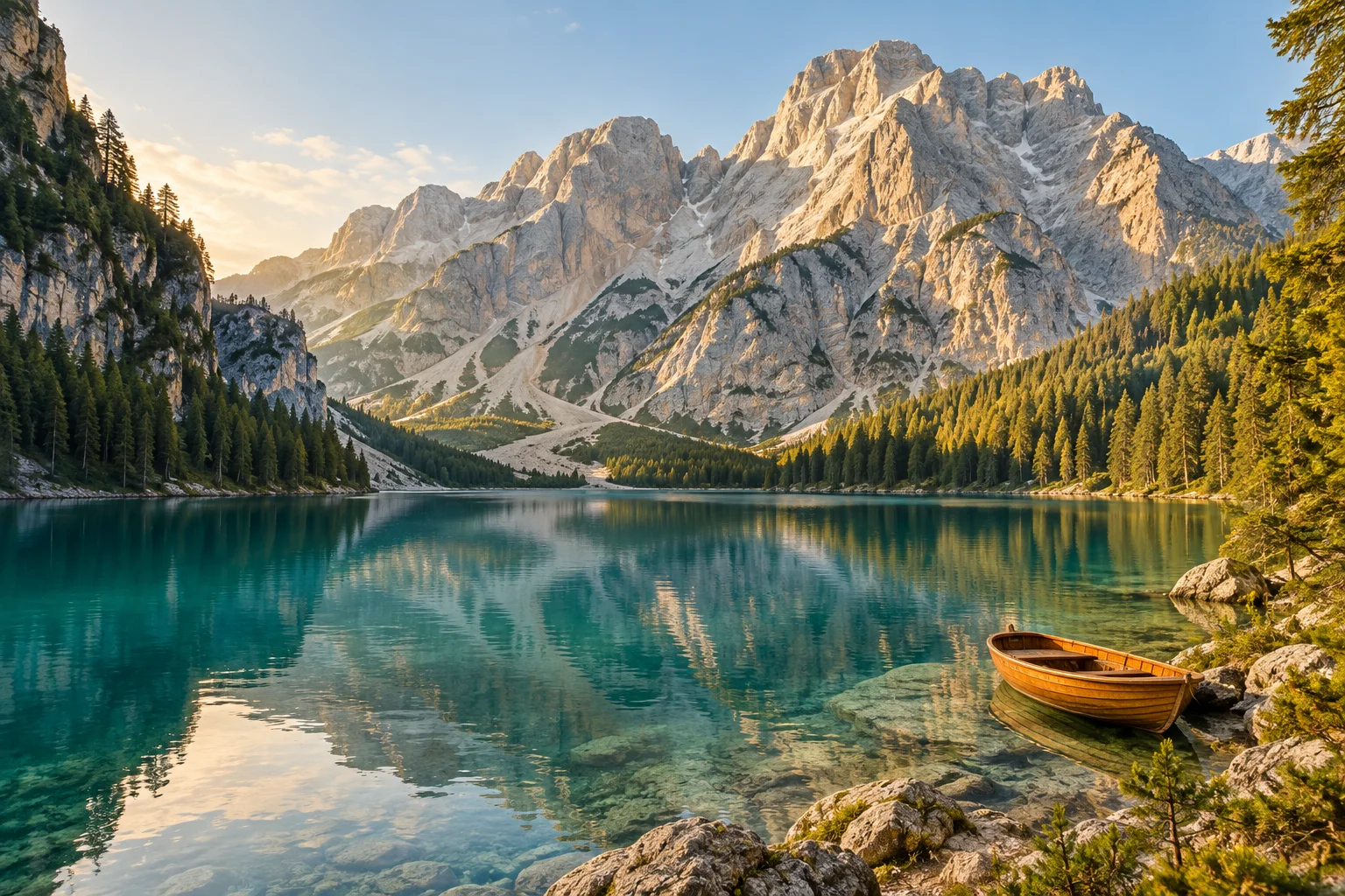 Sample alpine lake with a wooden boat