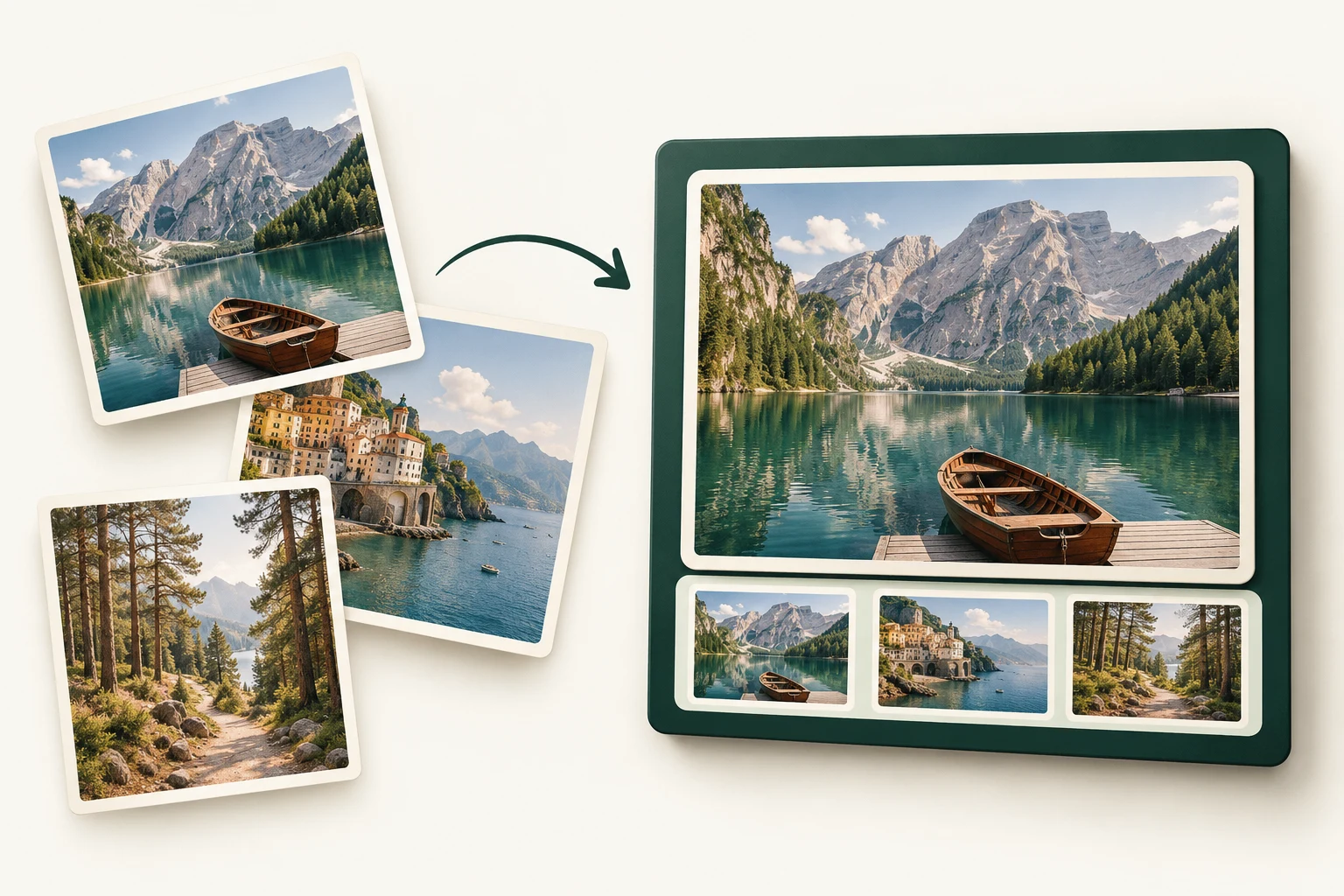 Illustration of individual travel photos arranged into a presentation, with one photo per slide.